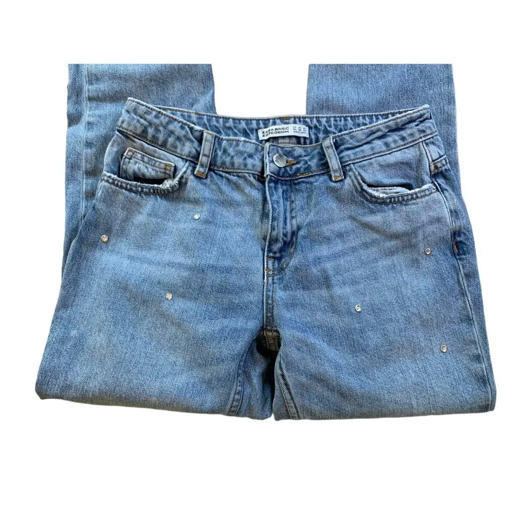 Zara Straight Leg Jeans Crystal Bezel Embellished 2